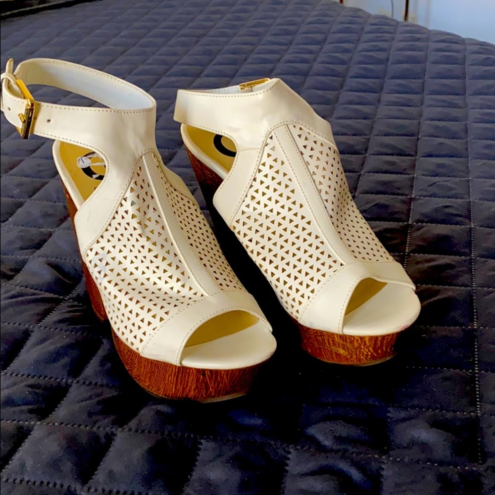 White shoes with wood Platform